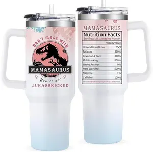 40oz Double Wall Insulated Stainless Steel Dinosaur Water Bottle Gift Set - White "Don't Mess With Mama" Tumbler with Lid, Straw, Portable Insulation Drinkware for Mom Gifts (Birthday, Christmas)