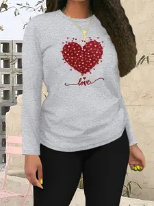 Heart Pattern Print Women's Casual Solid Color Pullover Top, Long Sleeve Spring & Fall Shirt, Home Leisure Wear, Short Sleeve Plain Tee