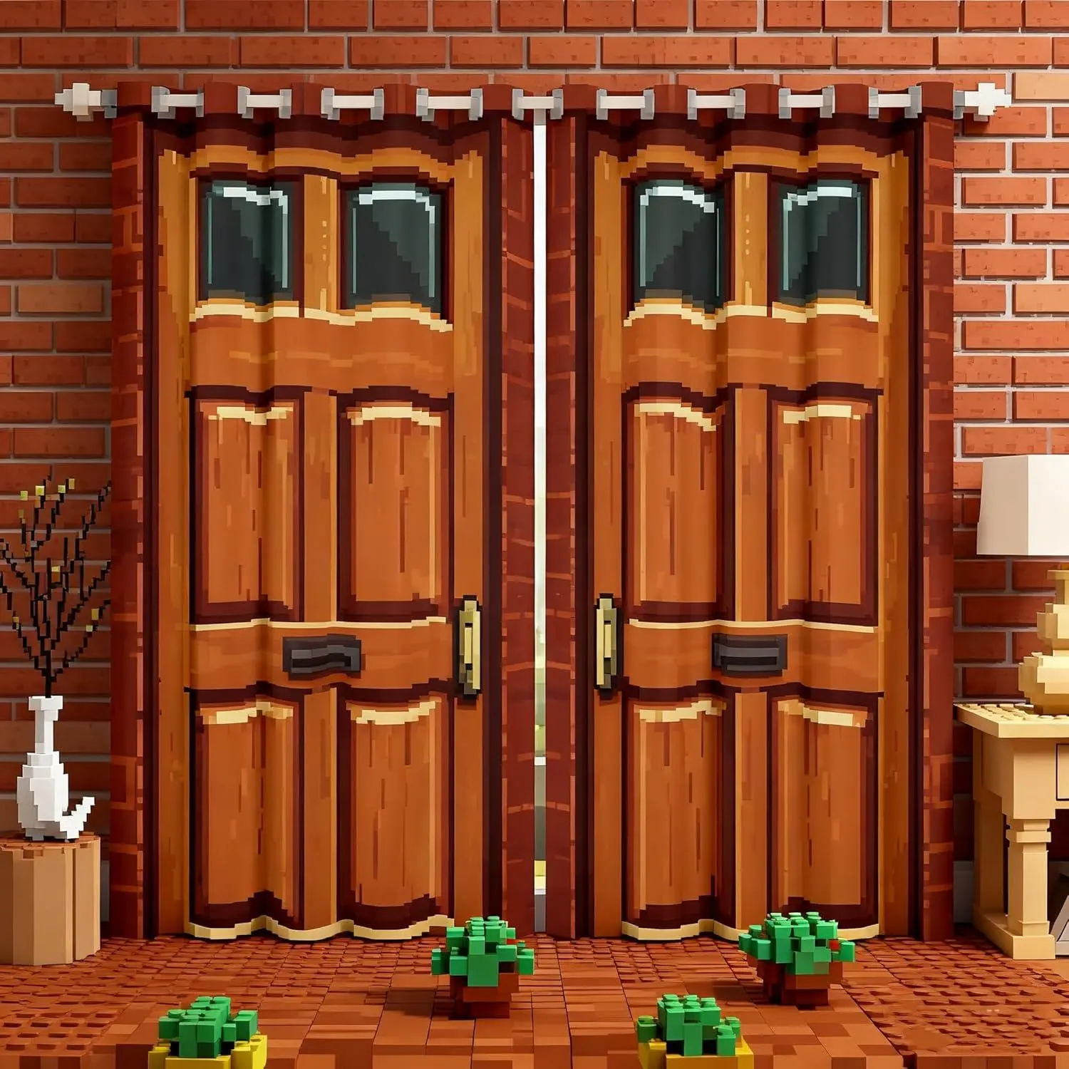 Video Games Window Curtain,Miner Door Privacy 30-50% Blackout Curtain for Window Brick Red Square Shade Windows Covering for Bedroom Video Games Theme Drapes 2 Panels