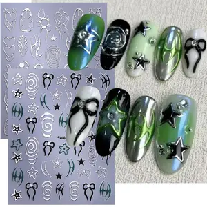 2pcs Metallic Silver Line Nail Art Sticker 3D Flame Line Bow Swirls Star Y2K Tatton Slider Decals DIY Holographic Manicure Decor
