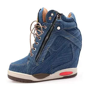 Women’s Denim Wedges Sneakers,Plus Size,Side Zip, Casual Shoes,Thick Soled Vulcanized Shoes, Girl Walking Shoes,Footwear Boot Comfort Insole, Glamwalk, ElegancesStep,ChickStride