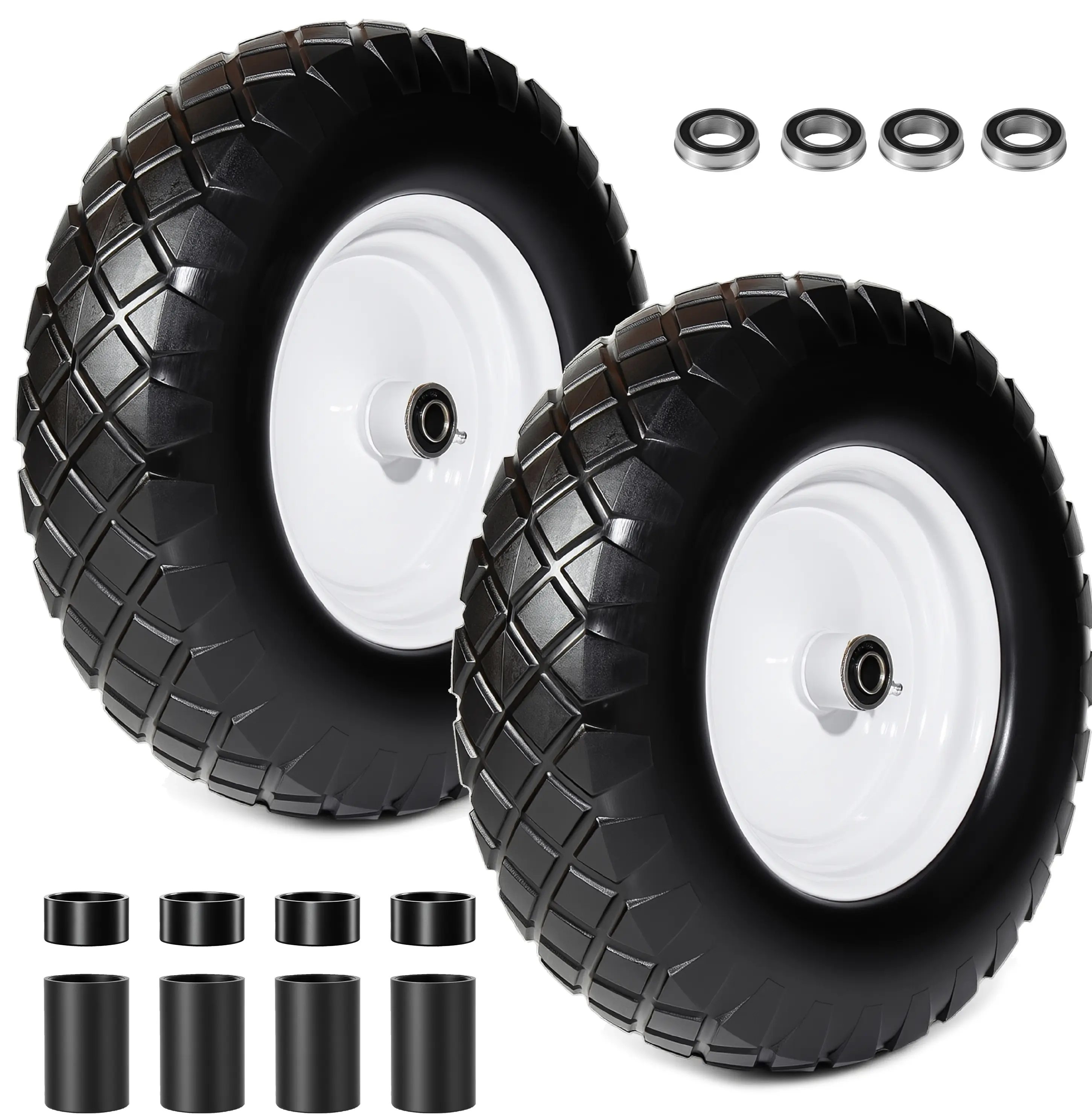 Durable 4.80/4.00-8 Flat-Free Solid Wheelbarrow Tire & Wheel Set (2-Pack), 16" Solid Tire, 5/8"-3/4" Bearings, 3" Hub for Hand Truck, Garden Cart