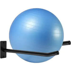 Wall-mounted medicine ball rack/exercise ball holder for gym and garage storage; suitable for yoga balls, stability balls, barre balls, yoga blocks, volleyballs, and basketballs.