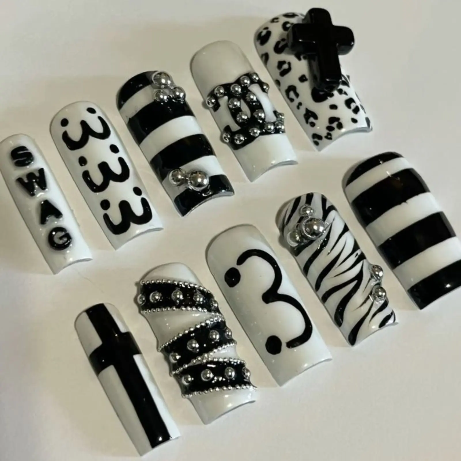 Y2K Monochrome Press On Nails | Black & White Zebra Cross Nail Art | Edgy Goth Grunge Fake Nails