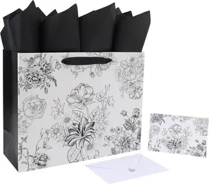 13” Large Sketched Flowers Gift Bag Set with Handles, Greeting Card, Tissue Papers and Stickers for Women Girls for Birthday, Mother’s Day, Wedding, Anniversary, Black