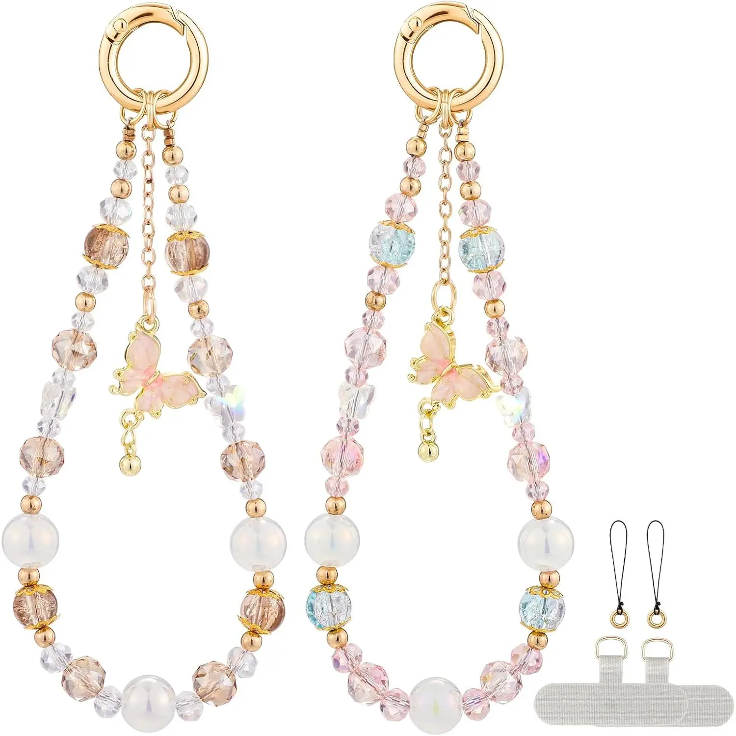 2-Pcs Phone Aesthetic Metal Chain Wristlet Charms with Crystal Beads, Butterfly Pendants, Tether Tabs for Easy Attachment, Stylish Smartphone & Bag Accessories