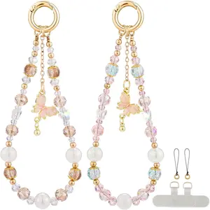 2-Pcs Stylish Mobile Phone Charms Wristlets with Crystal Beads and Butterfly Pendants, Smartphone Accessories with Tether Tabs for Easy Attachment, Metal Chains Ideal for Cellphones, Bags, Purses,summervibes