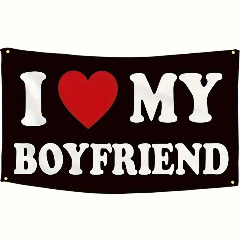 "I Love My Boyfriend" Print Polyester Tapestry Flag - Black with Red Heart, Lightweight, Durable, Modern Home Decor for Teen Girls' Room - Valentine's Day Boyfriend Gift