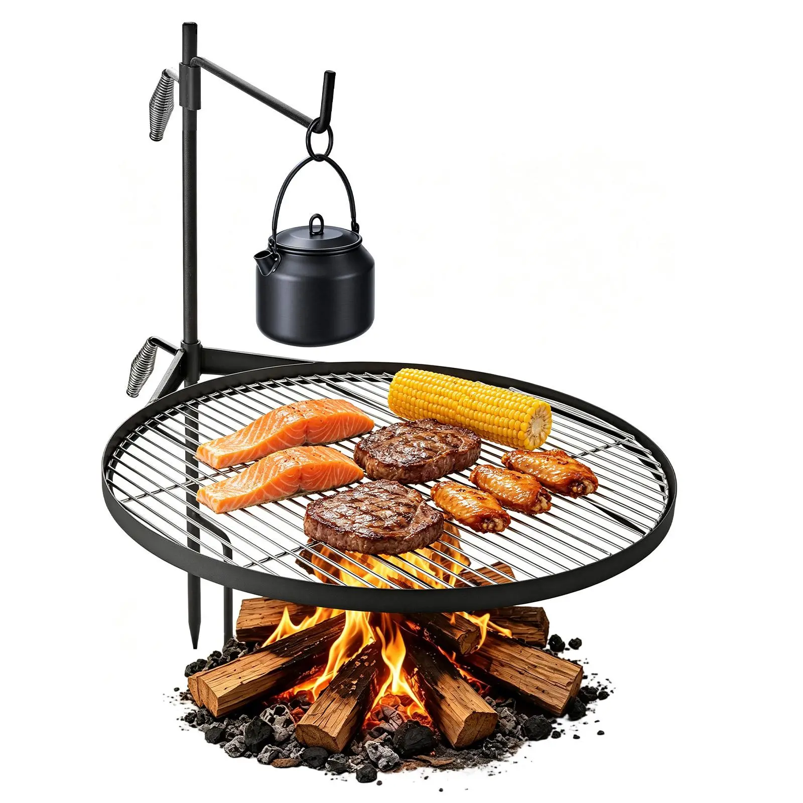 【SummerFinds】VEVOR Heavy Duty Swivel Campfire Grill, 24.4" Round Portable Camping Grill Grate, Sturdy Steel BBQ Mesh, 360° Height Adjustable Over Fire Pit with Support Rod, for Outdoor Open Flame Cooking, Black