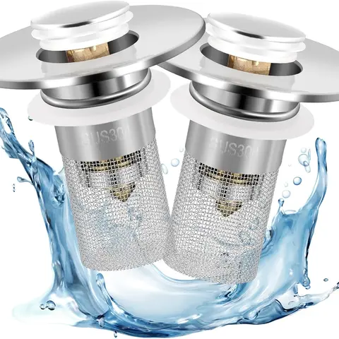 Stainless Steel 2-in-1 Bathroom Stopper - ABS Brass, Durable Anti-Odor Anti-Clog Hair Catcher, Sink Drain Filter, Jewelry Saver, Universal Drain Mesh Basket Bathtub Accessories Strainer