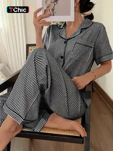 Women's Striped Print Button Front Short Sleeve Top and Bow Tie Long Pants Pajama Set, Casual Home Wear, All Seasons