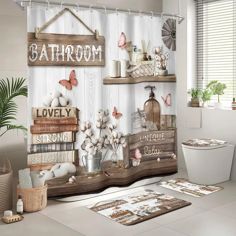 4-Piece Farmhouse Bathroom Accessory Set - Rustic Wood Golden Cube Design, Brown Floral & Butterfly Pattern Shower Curtain, Non-Slip Bath Mat, Toilet Mat, U-Shaped Cover, Waterproof Polyester, Plastic Hooks, Shower Curtains