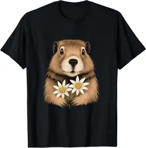 100% Cotton Cute Marmot with Edelweiss Mountain Animal Design for Hikers T-Shirt