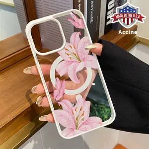 Magnetic Phone Case Compatible with iPhone 16 15 14 Pro Max 13 12 11 XR XS Plus E Chic Lily Charm Pattern Hard Acrylic Back Soft TPU Edge Shock-resistant Cover