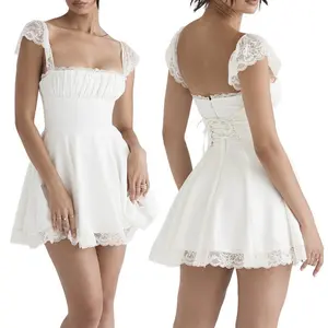 Women's retro A-line dress, summer short sleeved vest with ruffled edges, solid color flowing mini dress, casual and elegant fit, polyester white chic women's ruffled edgesRAIMENTRY