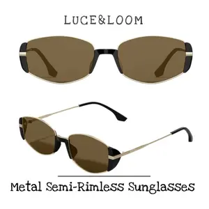 【LUCE&LOOM】Luxury Metal Semi-Rimless Oval Sunglasses, Retro Y2K Narrow Frame with Amber/Black Tinted Lenses | Trendy Face Slimming Shades for Summer Travel & Streetwear Outfits | Minimalist Chic Eyewear