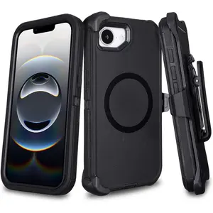 for iPhone 16e with Belt Clip Holster, Heavy Duty Rugged Defender Cover for iPhone 16e, 3-Layer Shockproof Anti-Drop Full Body Protective Case, Compatible with MagSafe, Black