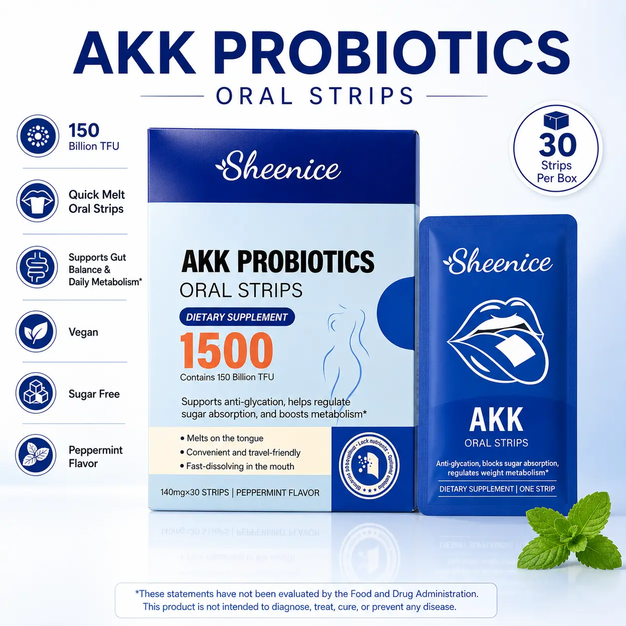 AKK Probiotics Quick Melt Oral Strips | Akkermansia muciniphila + BAIBA + Paradise Seed Extract | Digestive Balance & Metabolism Support Supplement | Vegan, Sugar-Free, Peppermint Flavor | 30 Strips Healthcare