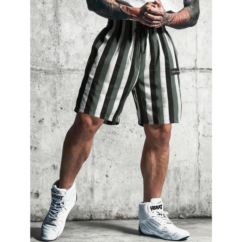 HIDKAT Men's High-Elastic Polyester Athletic Shorts - 3-Color Striped, Plain Option, Normal Fit, Above-Knee Cut, Elastic Waist with Drawstring, Pockets, Cold-Wash Safe, Digital Print, Summer Casual Outdoors Wear