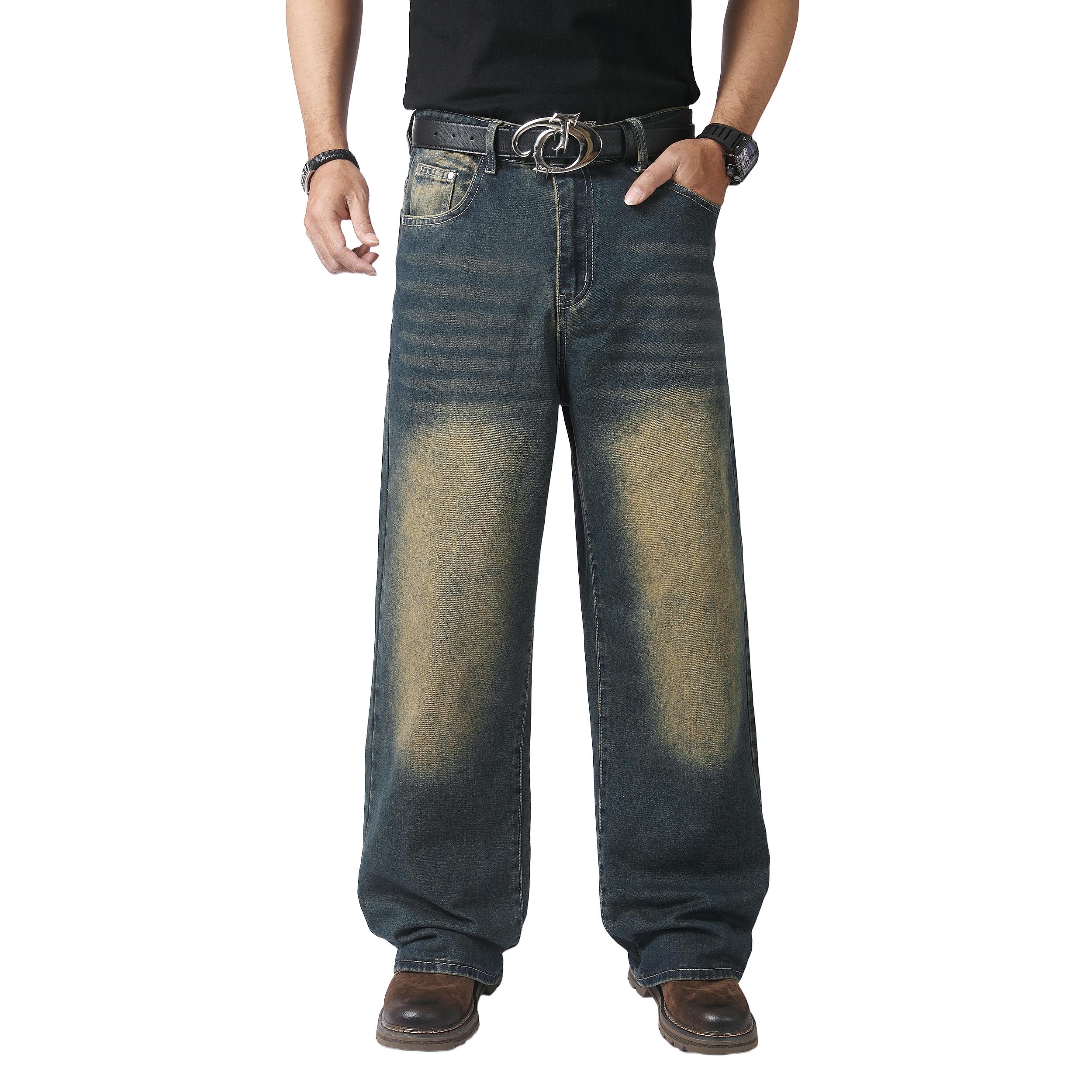 JUNBAOSS Men's Baggy Hip Hop Jeans Y2K Casual Vintage Wide Leg Skater Denim Pants Loose Fit Long Trousers 2000s Streetwear Mens Irregular Sutures Skateboard Steampunk Baggy Jeans Plain Pants Pockets