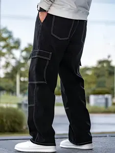 Live unbridled Men's Streetwear Multi-pocket Overalls Casual Denim Pants Loose Trousers for Daily Wear Straight  Plain Black Jeans  cargo pants for men,summervibes, Adjustable Drawstring Jeans, K311081 Xs