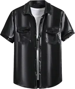 Pu Leather Flap Pocket Short Sleeve Button Up Shirt Party Collar Top Pu Leather Flap Pocket Short Sleeve Button Up Shirt Party Collar Top