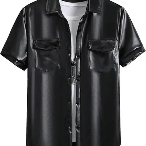 Men's PU Leather Short-Sleeve Button-Up Collared Shirt - Soft Polyester Fabric, Flap Pocket, Party Collar, Club-Bar Style Cocktail Shirt for Evening Wear,back to school,back to school shopping, Button Up Shirts