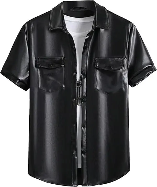 Men's PU Leather Short-Sleeve Button-Up Collared Shirt - Soft Polyester Fabric, Flap Pocket, Party Collar, Club-Bar Style Cocktail Shirt for Evening Wear