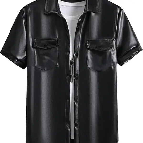 Men's PU Leather Short-Sleeve Button-Up Collared Shirt - Soft Polyester Fabric, Flap Pocket, Party Collar, Club-Bar Style Cocktail Shirt for Evening Wear,back to school,back to school shopping, Button Up Shirts