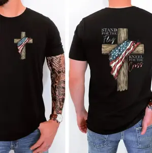 NEW Stand For The Flag Kneel For The Cross 4th Of July 2 Sided T-Shirt, Graphic Tees For Men For Women Cotton Fabric Casual Crew Neck Short Sleeve