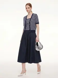 Tencel Blend Stripe Cardigan And Patchwork Strap Dress Two-Piece Set