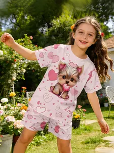 Light foundation-colored love heart lollipop puppy digital printed set, a sweet and cute casual outfit, suitable for daily and outdoor sports T-shirt and shorts set, a perfect gift for girls