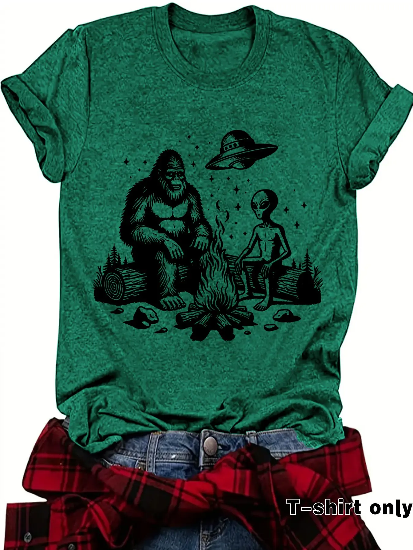 Women's Bigfoot and Alien Campfire Print Short Sleeve Summer Casual Top, Clothes, Medium Stretch All-Season Comfort Shirt