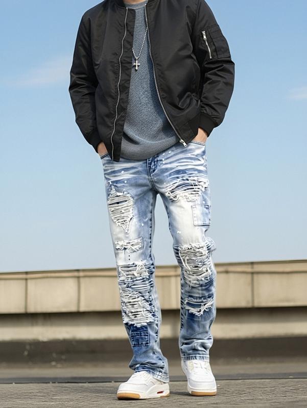 Heavy Distressed Ripped Stacked Jeans for Men Trendy Denim with Torn Details Stacked Fit Comfortable & Stylish japanese  raw  denim holiday  party  outfits dark  wash  jeans slim  fit  baggy vaquero  men levi jaded london  casting bootcut levis  mid  rise