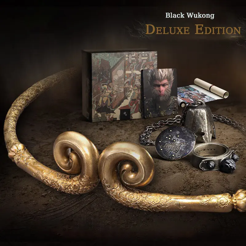 Black Myth: Wukong 4-piece limited collector's edition adult set - 1:1 scale compact headband, 3-piece jewelry set | Exclusive game merchandise for gamers and collectors | Game Wukong character props black | Black Myth headband necklace ring badge (1 set)