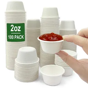 2 oz Disposable Bagasse Fiber Souffle Cups 100pk, 100% Natural Biodegradable Compostable Condiment Cups Sample Cup Tasting Cup