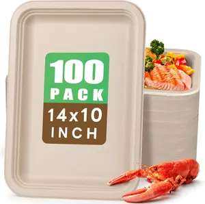 100 Pack 14 Inch Disposable Food Trays Eco-Friendly Heavy-Duty Large Paper Plates Compostable Sugarcane Platters for Crawfish, BBQ, Seafood Boil Party Supplies Natural