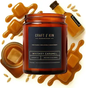 Craft & Kin Whiskey Caramel Scented Candle - Premium 100% Natural Soy Wax, Long Lasting 45 Hour Burn Time, Reusable Amber Jar, Elegant Gift Packaging