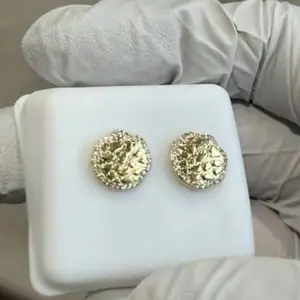 14k Gold Plated Round Rough Textured Cookie Nugget Stud Earrings For Men/Women Unisex