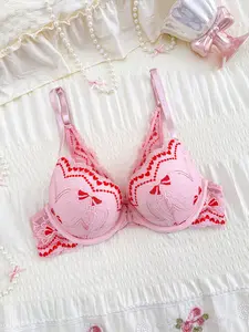 Sweet Heart Butterfly Bow Lace Backless Front Hook Steel Ring Lingerie Bra Single Piece, Elegant Cute Women's Underwear, Comfortable and Stylish, Scallop Trim Bra
