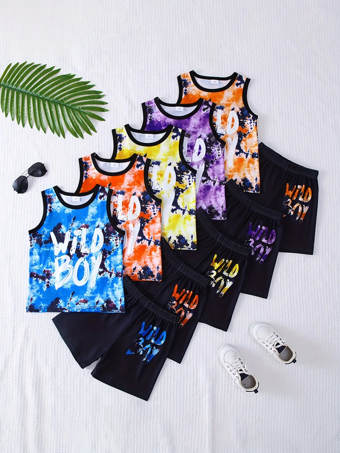 Boys Ten-Piece Set Wild Boy Letter Print Tie-Dye Tank Top and Shorts, Stylish Kids, Comfortable Summer Clothing Set