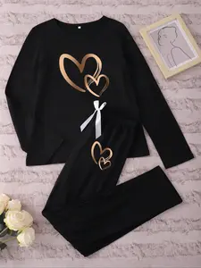 Women's Long Sleeve Soft Knit Pajama Set, Heart Print, Casual Fitted Sleepwear, Spring & Fall Nightgown, Comfortable Home Wear
