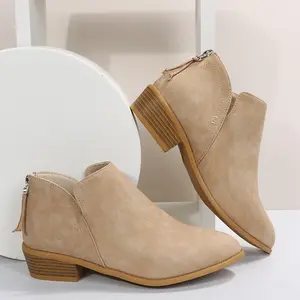 Women's Fashionable Khaki Zip Decor Western Ankle Boots Classic Casual Comfortable Breathable Thick-heeled Elegant Boots for Daily Wear Female All-match Trend Winter Warm Shoes for Fall & Winter Gifts for Wife Girlfriend Slip Resistant
