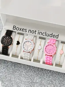 Women's & Girls' Quartz Watch (6Counts), Elegant Fashion Watch, Mixed Silicone Watch With Heart Shape Bracelet, Friends Birthday Gift Graduation Season, Watch Set The Best Choice for Gifts, Fashionable Wristwatch Set