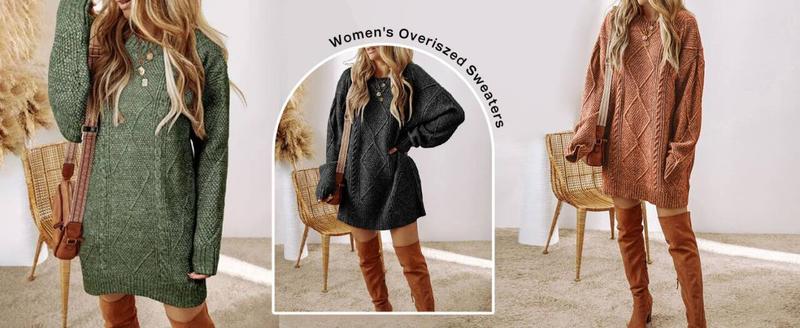 ChicMe 2025 Women's Round Neck Long Sleeve Sweater Dress Casual Loose Fit Cable Knit Pullover Mini Dress