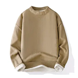 Unisex Solid Color Sweater, Vintage Long-Sleeve Crew Neck Knitwear, Fleece Lined Thermal Base Shirt, Men's Fashionable Fall Winter Everyday Wear, 2025 New Collection, 90s