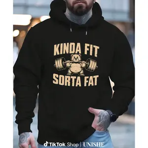 Kinda Fit Sorta Fat Slogan Hoodie with Heavyweight Gym Bear Design – Unisex Long Sleeve Top