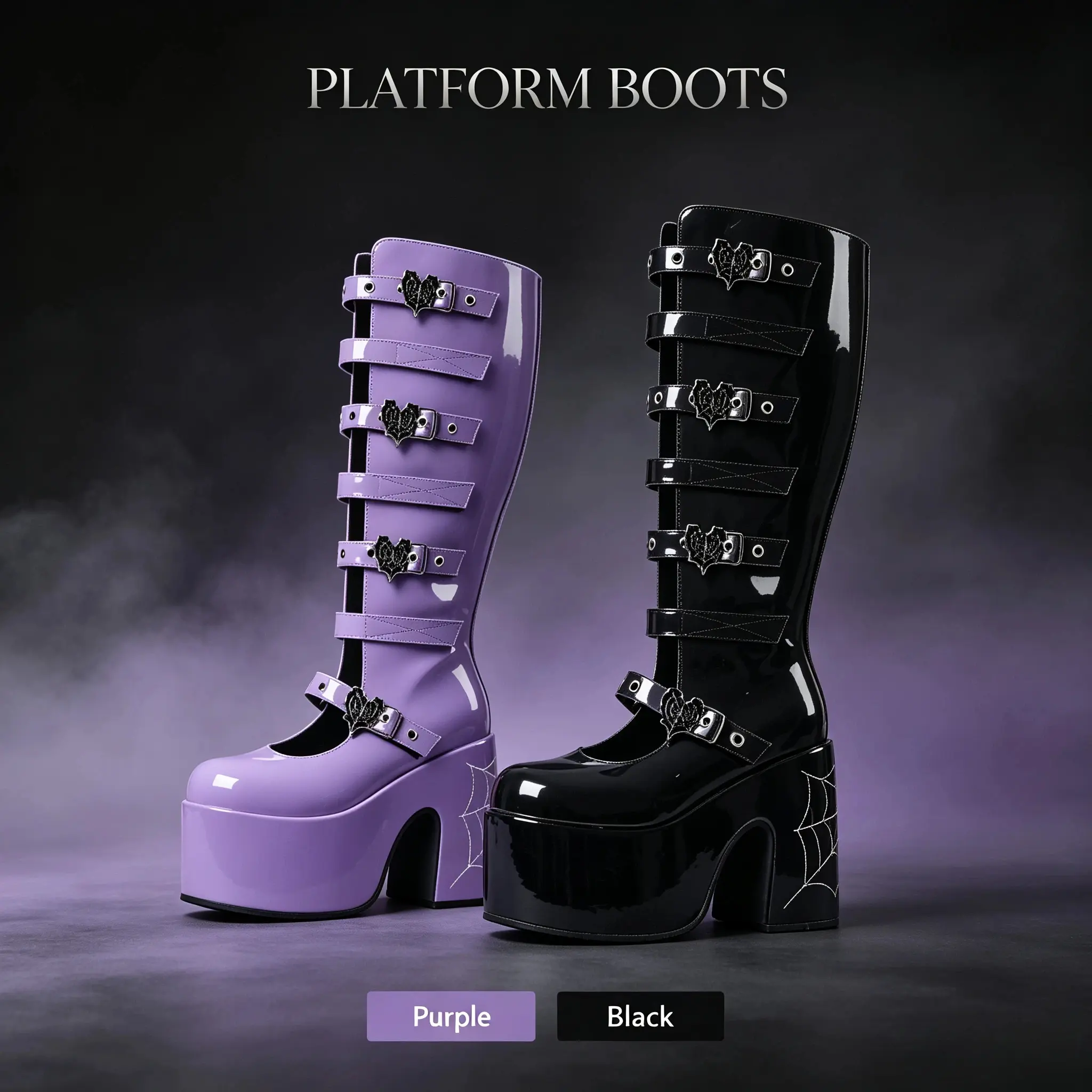 Women's Knee-High Boots, Gothic Cobweb PU Leather Platform Walking Shoes with Buckles, Punk Fashion Round Toe Boot, Platform Heel, Rubber Sole