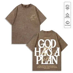 Retro Washed T-Shirt Double Sided Printed (230 Pure Cotton T-Shirt) 'GOD HAS A PLAN' Letter Print, Men's T-Shirt, Men's Casual, Comfortable, Fashionable T-Shirt, Street Style Cotton washed pure cotton Streetwear Crewneck