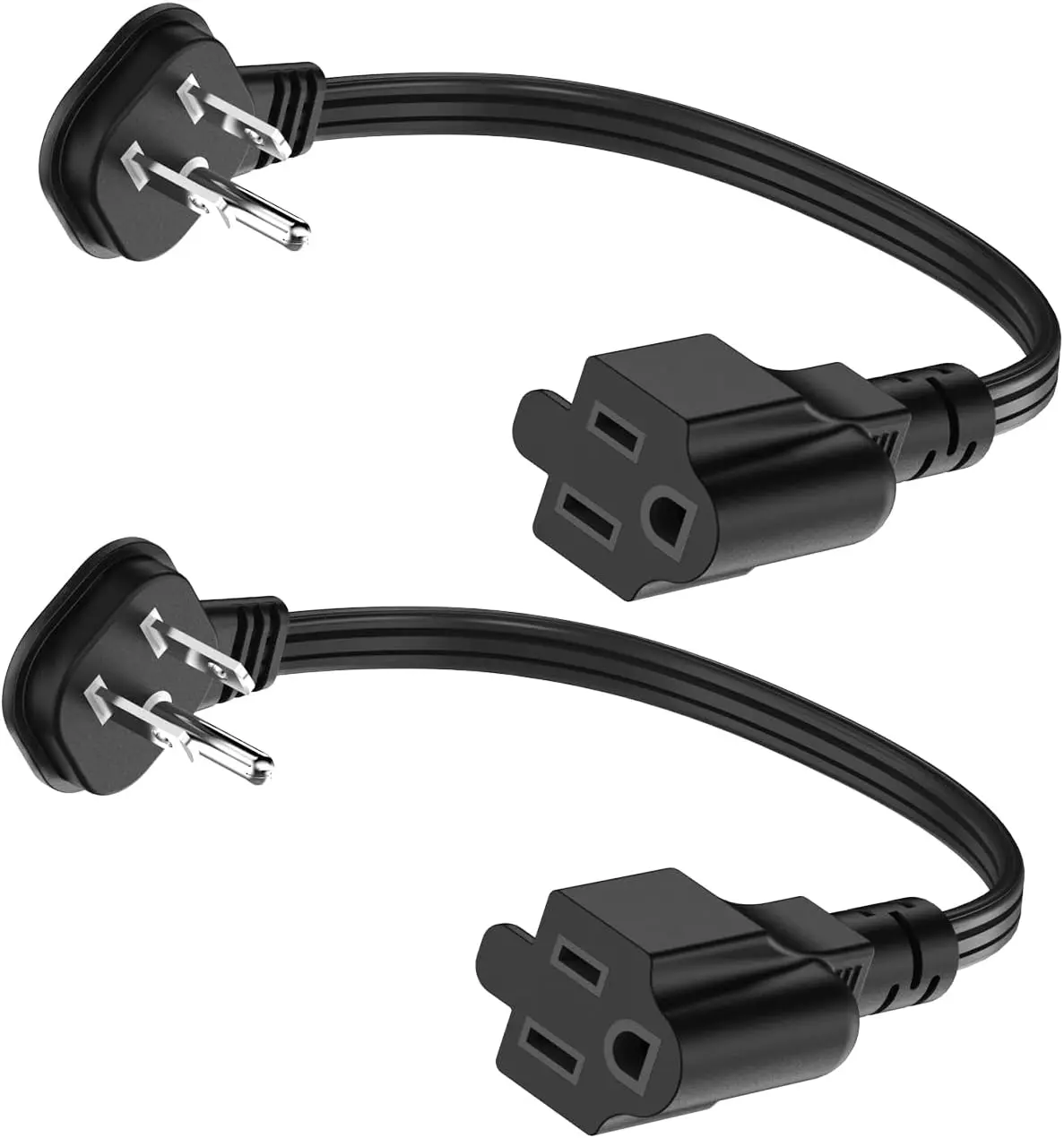Flat Plug 1Ft Short Extension Cord, 90- Plug Low Profile Power Adapter, 3-Prong Indoor Grounded Small Extension Cord Black 16AWG 13A 1625W 2 Pack